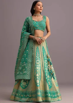 Aqua Green Embroidered Choli With Banarasi Weave Lehenga And Dupatta