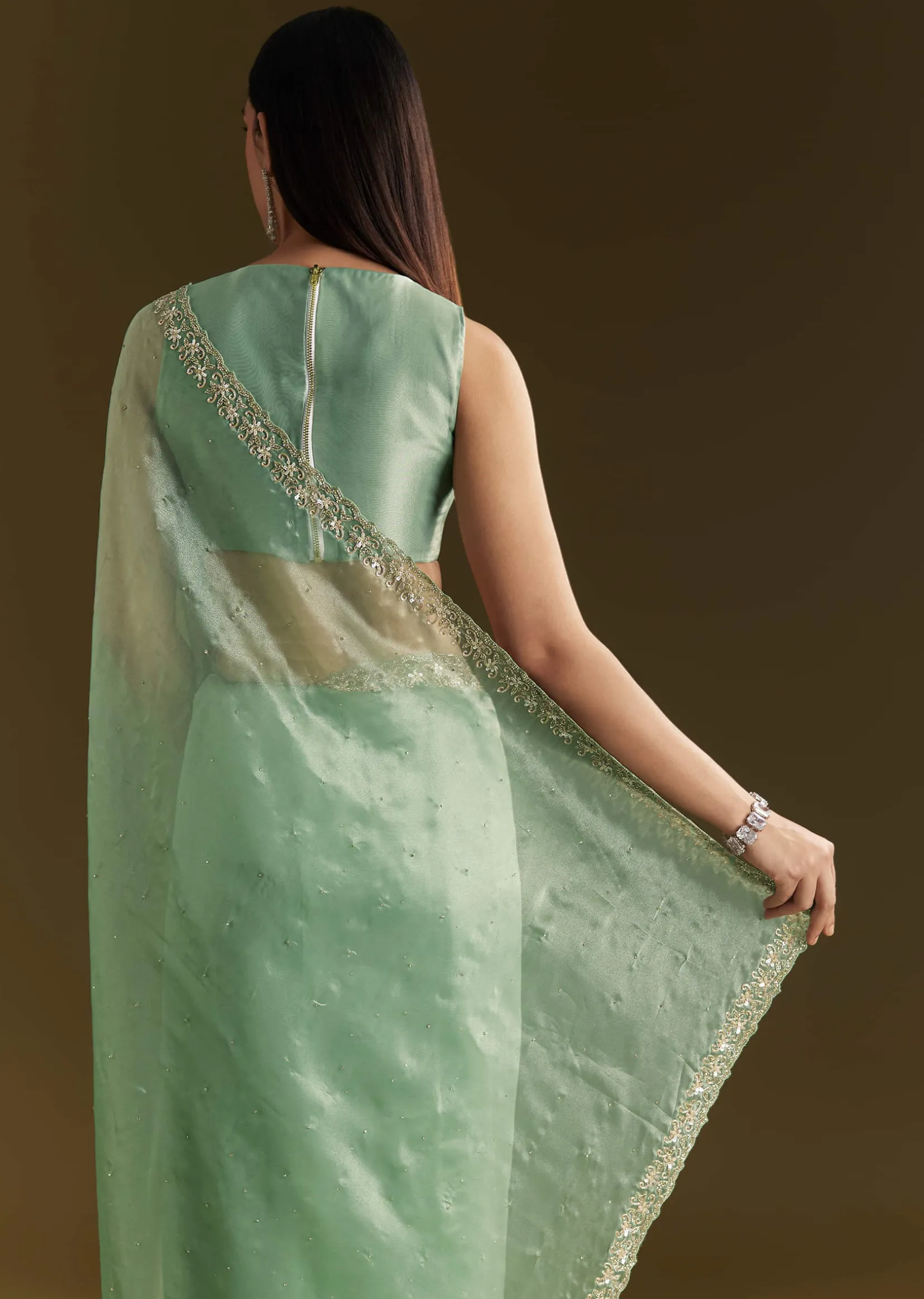 Aqua Green Organza Embroidered Saree With Scallop Border