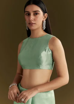 Aqua Green Organza Embroidered Saree With Scallop Border
