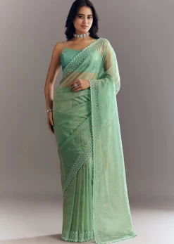 Aqua Green Organza Saree With Stones Beads And Sequins Embroidery And Scallop Border