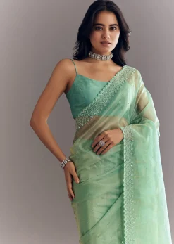 Aqua Green Organza Saree With Stones Beads And Sequins Embroidery And Scallop Border