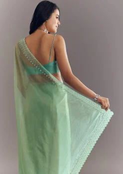 Aqua Green Organza Saree With Stones Beads And Sequins Embroidery And Scallop Border