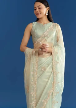 Aqua Organza Tissue Saree With Cutdana Border