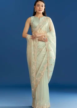 Aqua Organza Tissue Saree With Cutdana Border