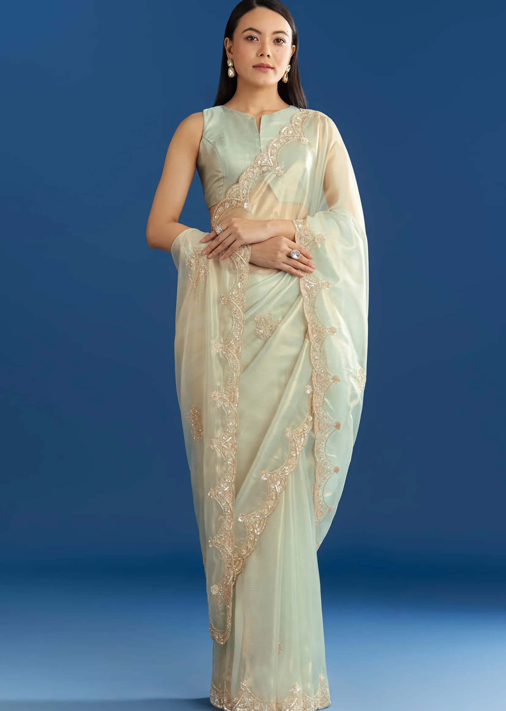 Aqua Organza Tissue Saree With Cutdana Border
