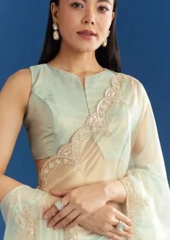 Aqua Organza Tissue Saree With Cutdana Border