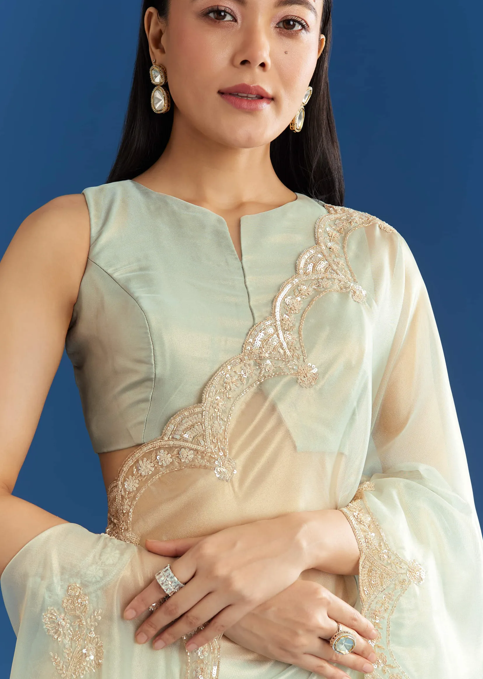 Aqua Organza Tissue Saree With Cutdana Border