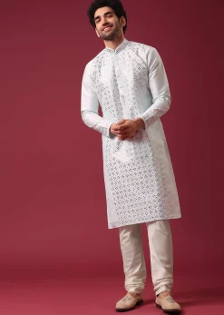 Aquatic Blue Kurta Set In Silk With Mirror Work