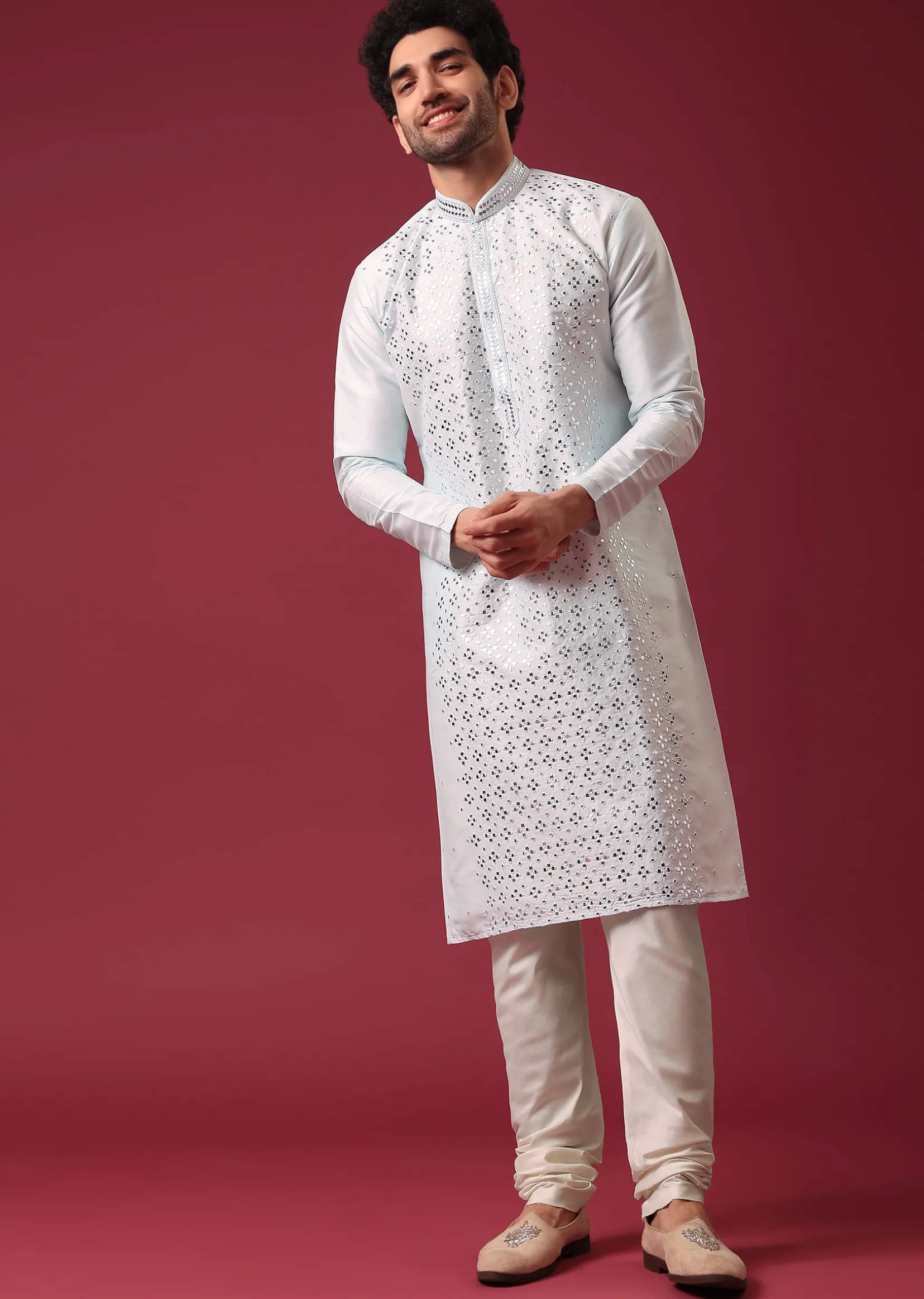Aquatic Blue Kurta Set In Silk With Mirror Work