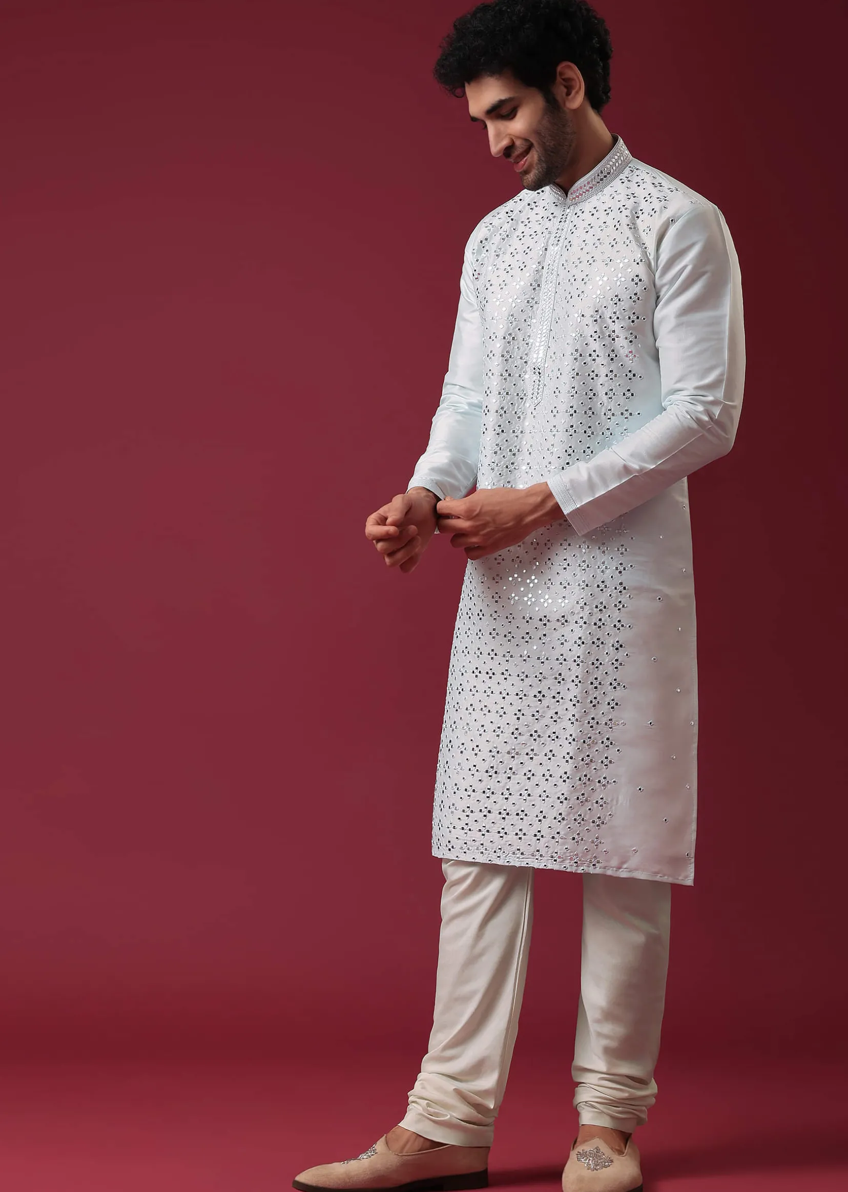 Aquatic Blue Kurta Set In Silk With Mirror Work