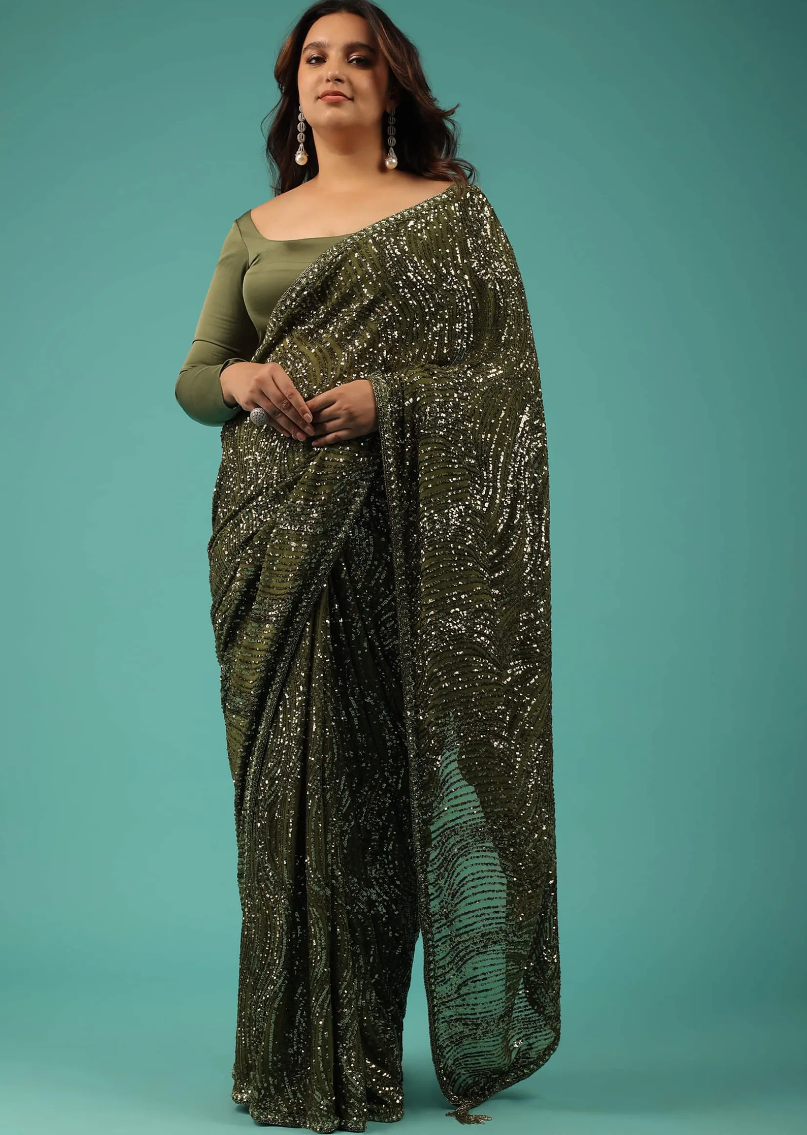 Army Green Saree In Sequins And Organza With Detailed Embroidery