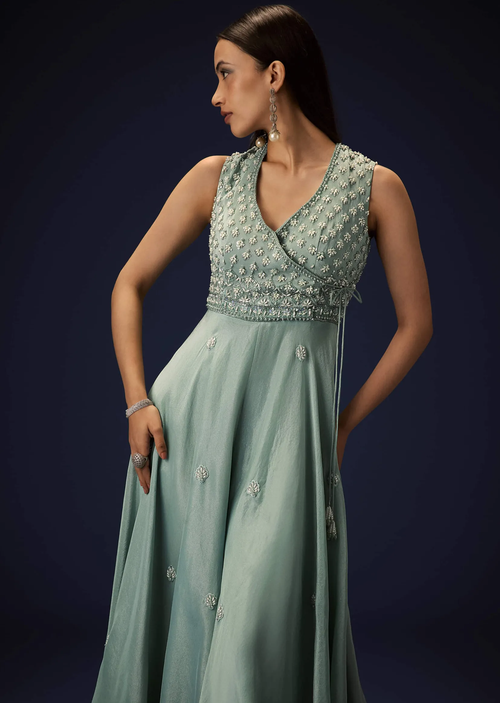 Azure Blue Hand Embroided Double Layer Organza Frill Jumpsuit