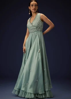 Azure Blue Hand Embroided Double Layer Organza Frill Jumpsuit