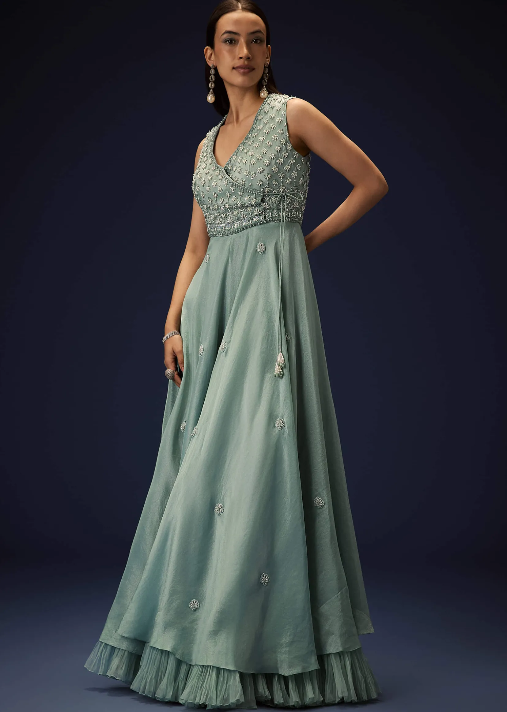 Azure Blue Hand Embroided Double Layer Organza Frill Jumpsuit
