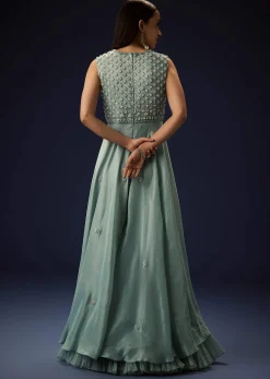 Azure Blue Hand Embroided Double Layer Organza Frill Jumpsuit