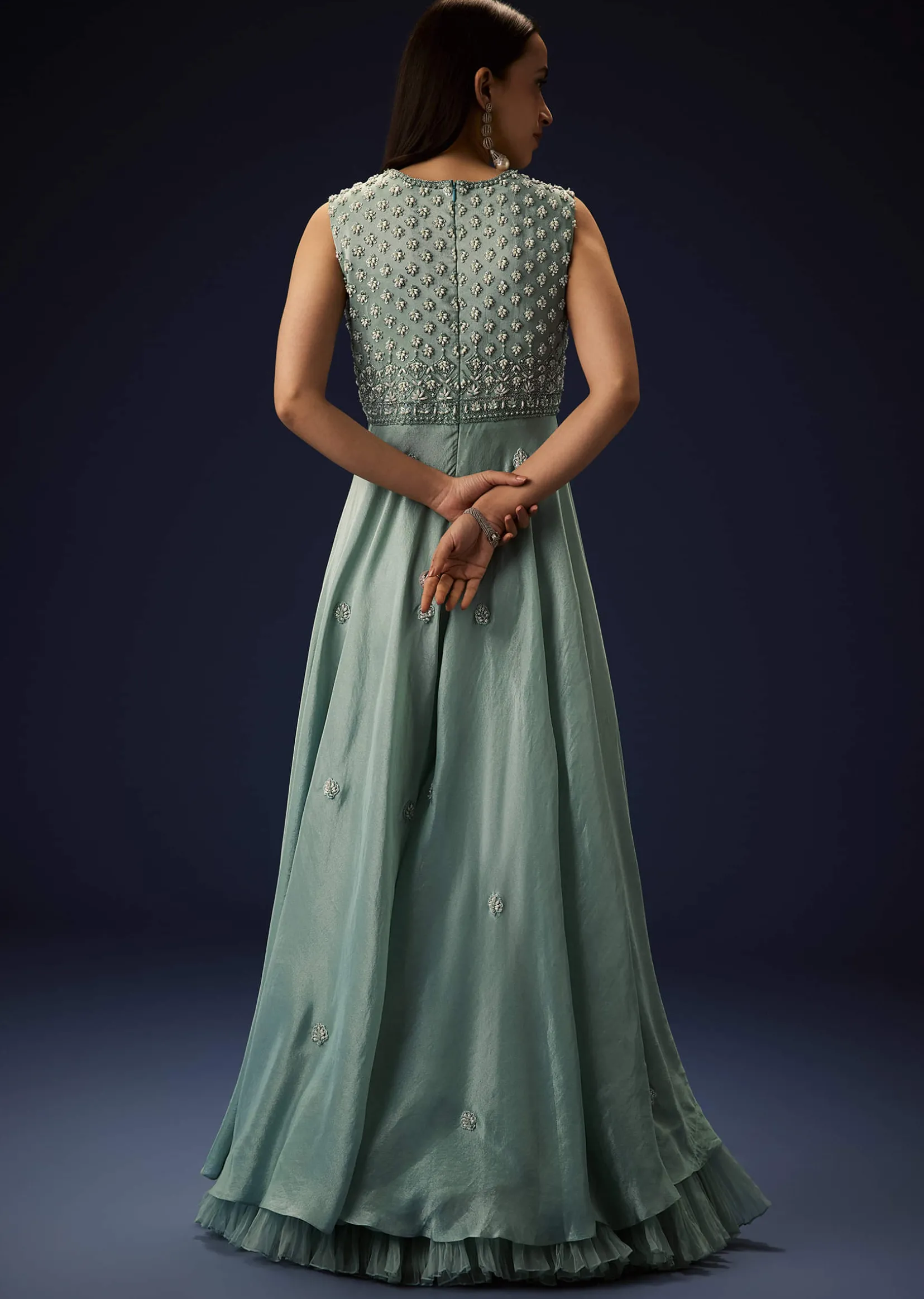 Azure Blue Hand Embroided Double Layer Organza Frill Jumpsuit