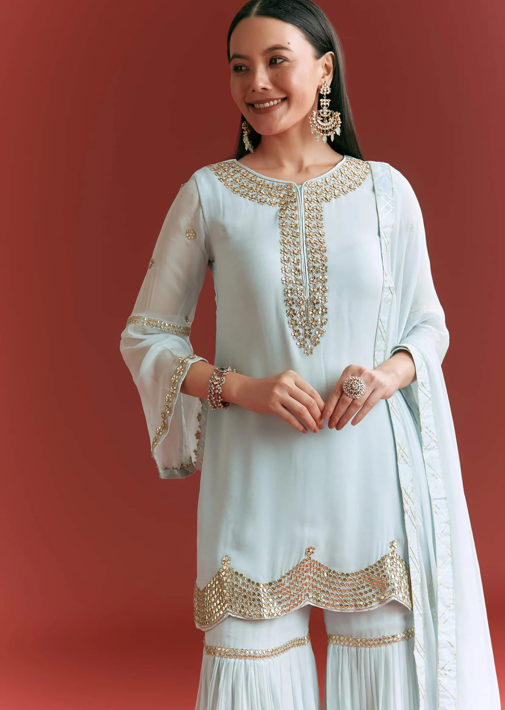 Baby Blue Georgette Kurta Sharara Suit With Gotta Lace And Moti Work