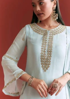 Baby Blue Georgette Kurta Sharara Suit With Gotta Lace And Moti Work