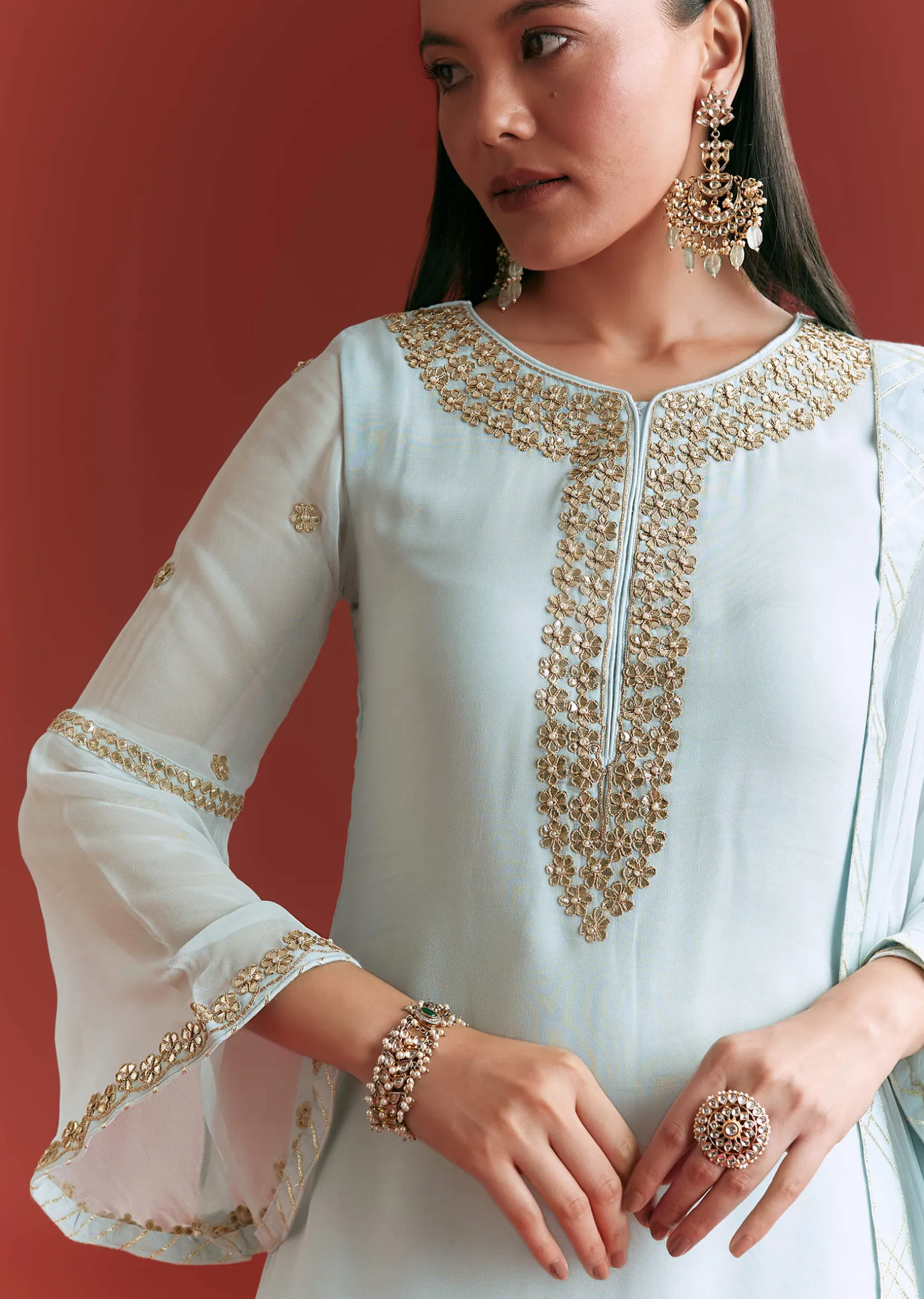 Baby Blue Georgette Kurta Sharara Suit With Gotta Lace And Moti Work