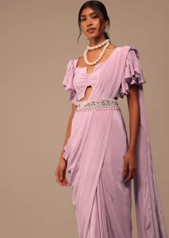 Baby Pink Crepe Saree With Fancy Bow Shaped Blouse And Belt