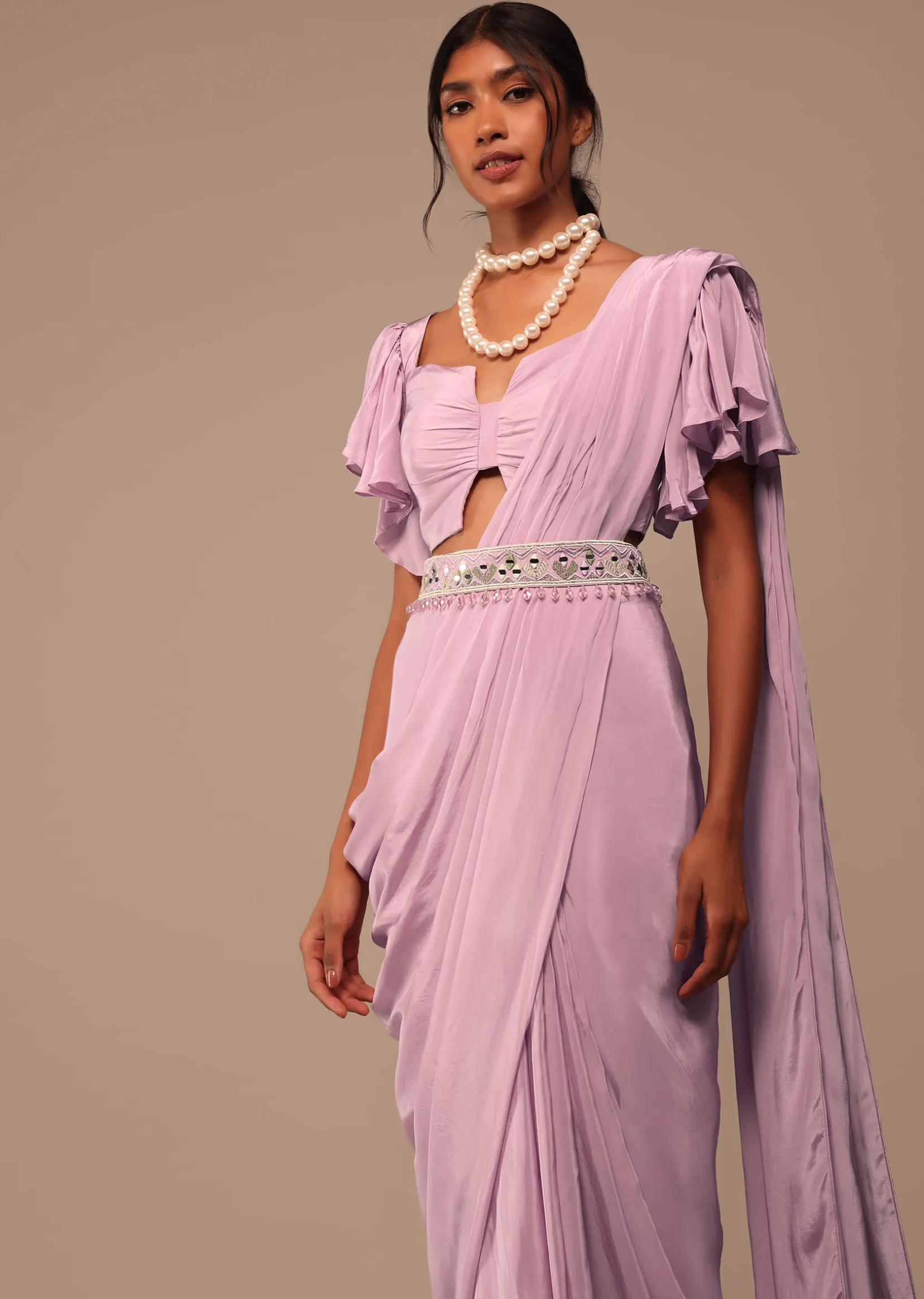 Baby Pink Crepe Saree With Fancy Bow Shaped Blouse And Belt