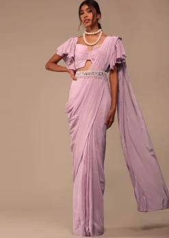 Baby Pink Crepe Saree With Fancy Bow Shaped Blouse And Belt