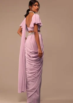 Baby Pink Crepe Saree With Fancy Bow Shaped Blouse And Belt