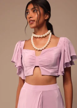 Baby Pink Crepe Saree With Fancy Bow Shaped Blouse And Belt