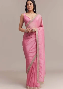 Baby Pink Crushed Tissue Saree With Embellished Border
