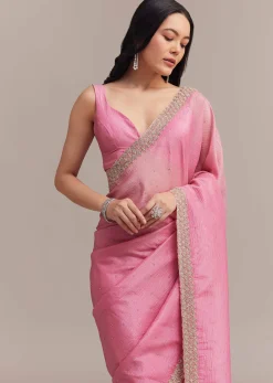 Baby Pink Crushed Tissue Saree With Embellished Border