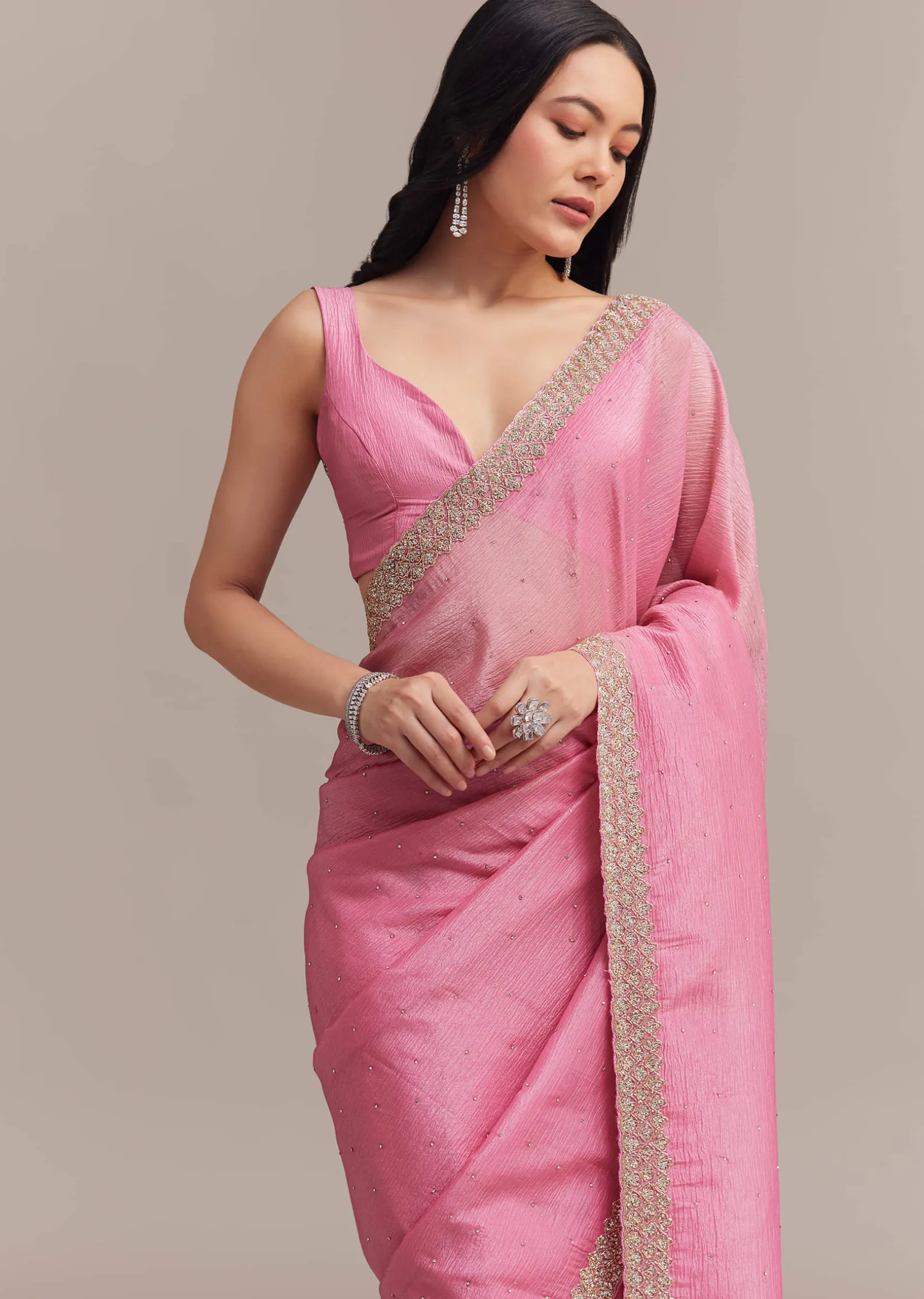 Baby Pink Crushed Tissue Saree With Embellished Border