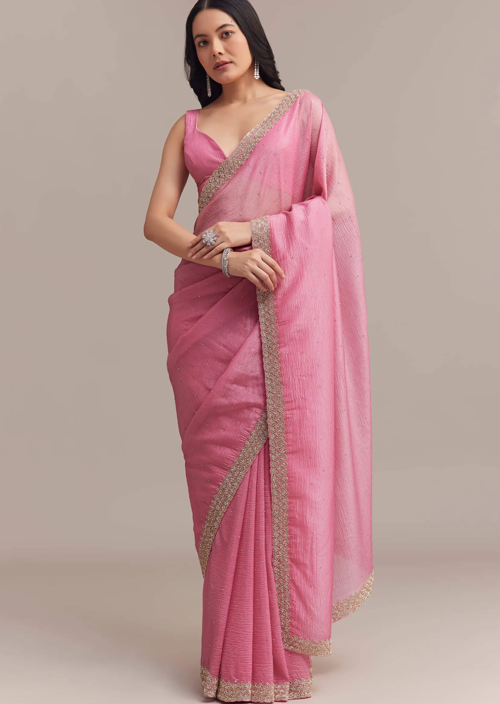 Baby Pink Crushed Tissue Saree With Embellished Border