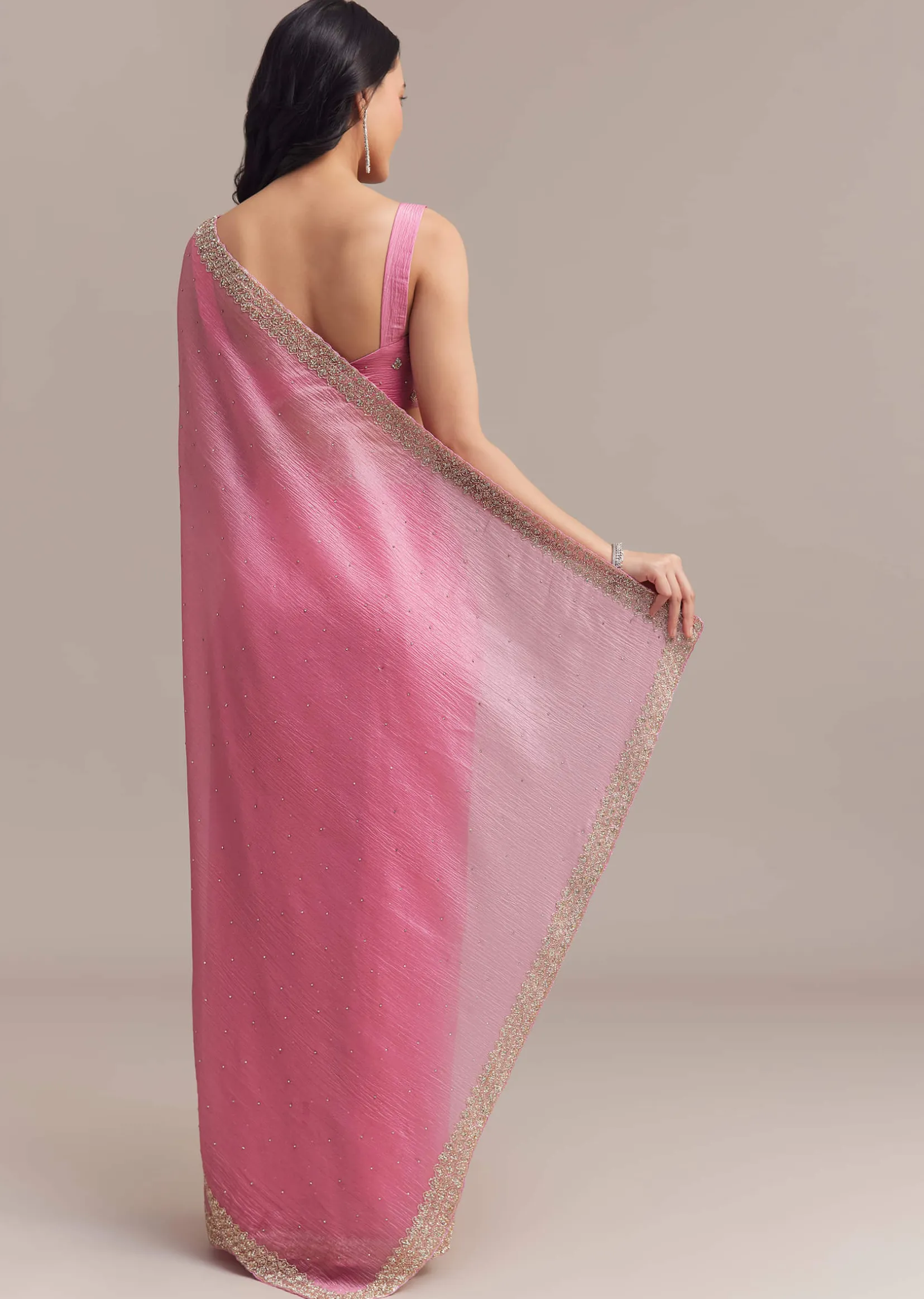 Baby Pink Crushed Tissue Saree With Embellished Border