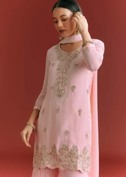 Baby Pink Georgette Kurta Sharara Suit With Organza Dupatta And Moti Work