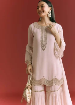 Baby Pink Georgette Kurta Sharara Suit With Moti Work And Gotta Lace