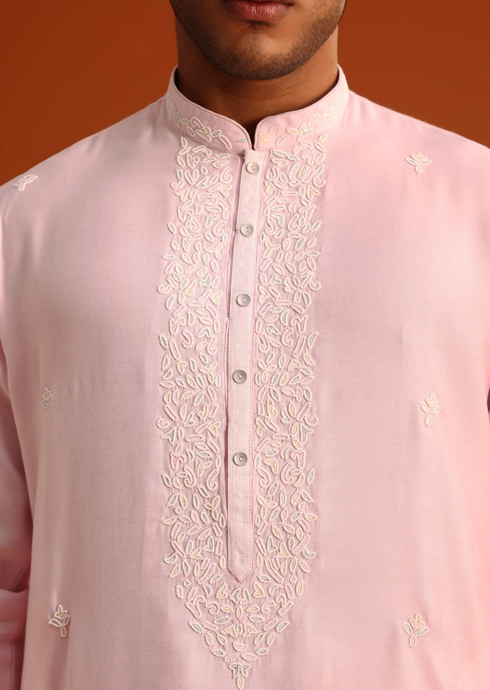 Baby Pink Hand Embroidered Kurta Set In Silk