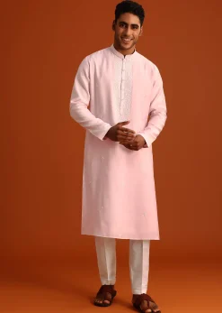 Baby Pink Hand Embroidered Kurta Set In Silk