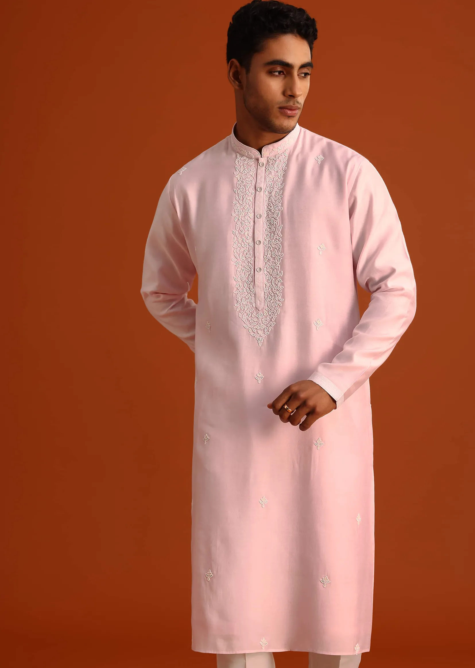Baby Pink Hand Embroidered Kurta Set In Silk