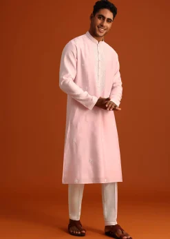 Baby Pink Hand Embroidered Kurta Set In Silk