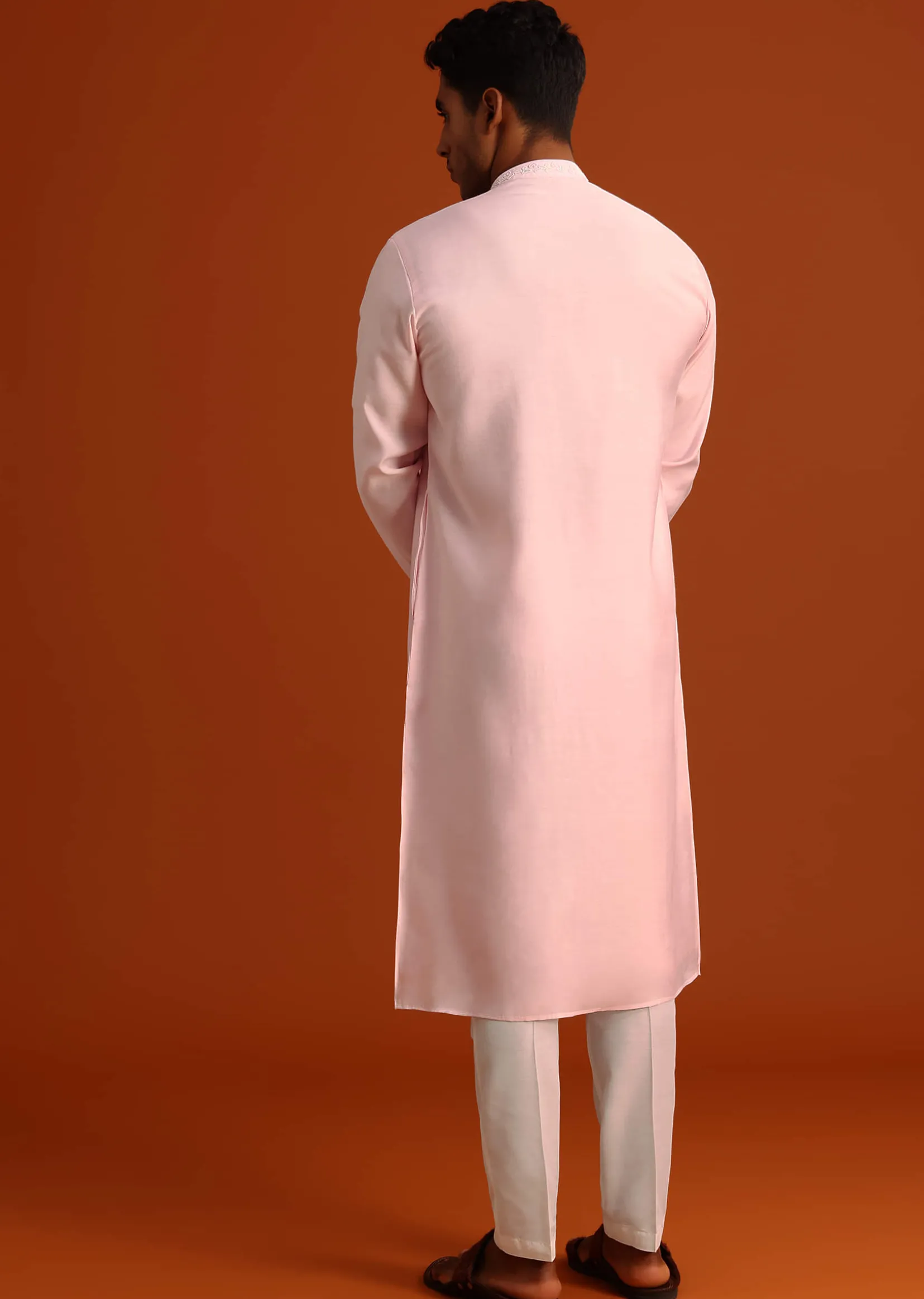 Baby Pink Hand Embroidered Kurta Set In Silk