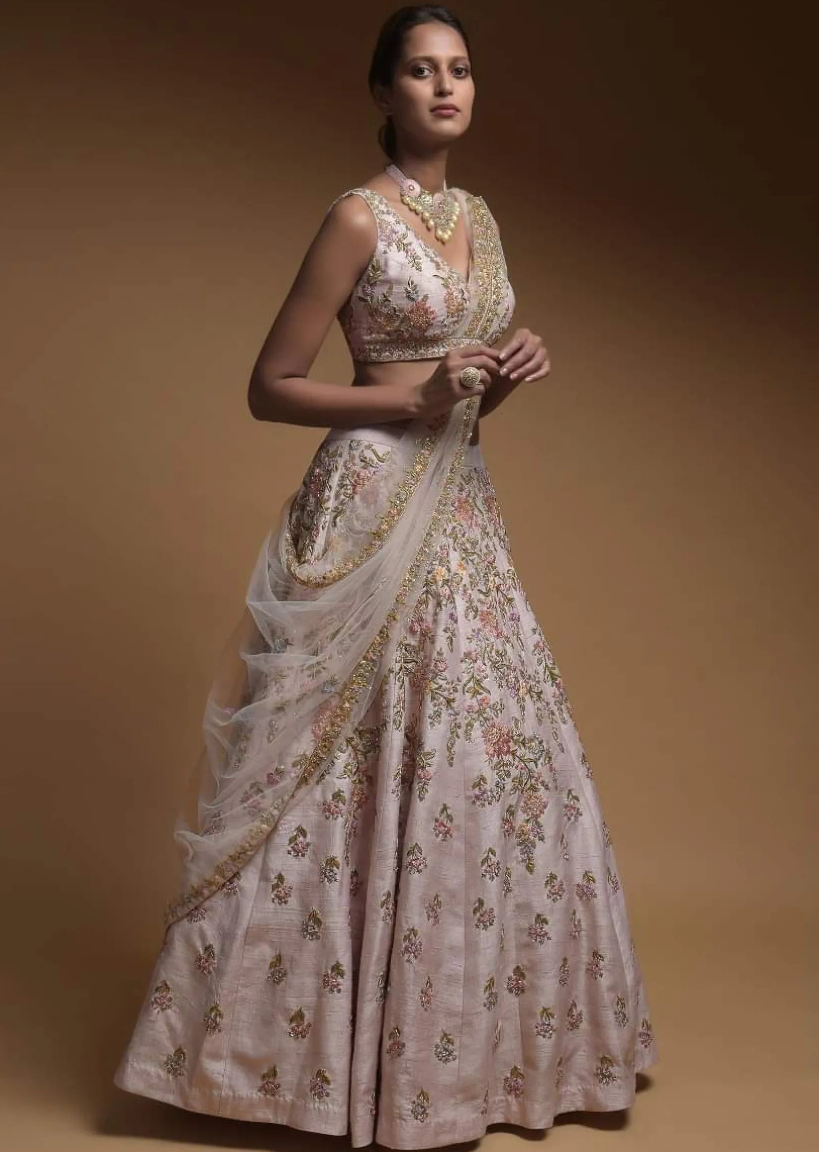 Baby Pink Lehenga Choli In Raw Silk With Hand Embroidered Resham Flowers