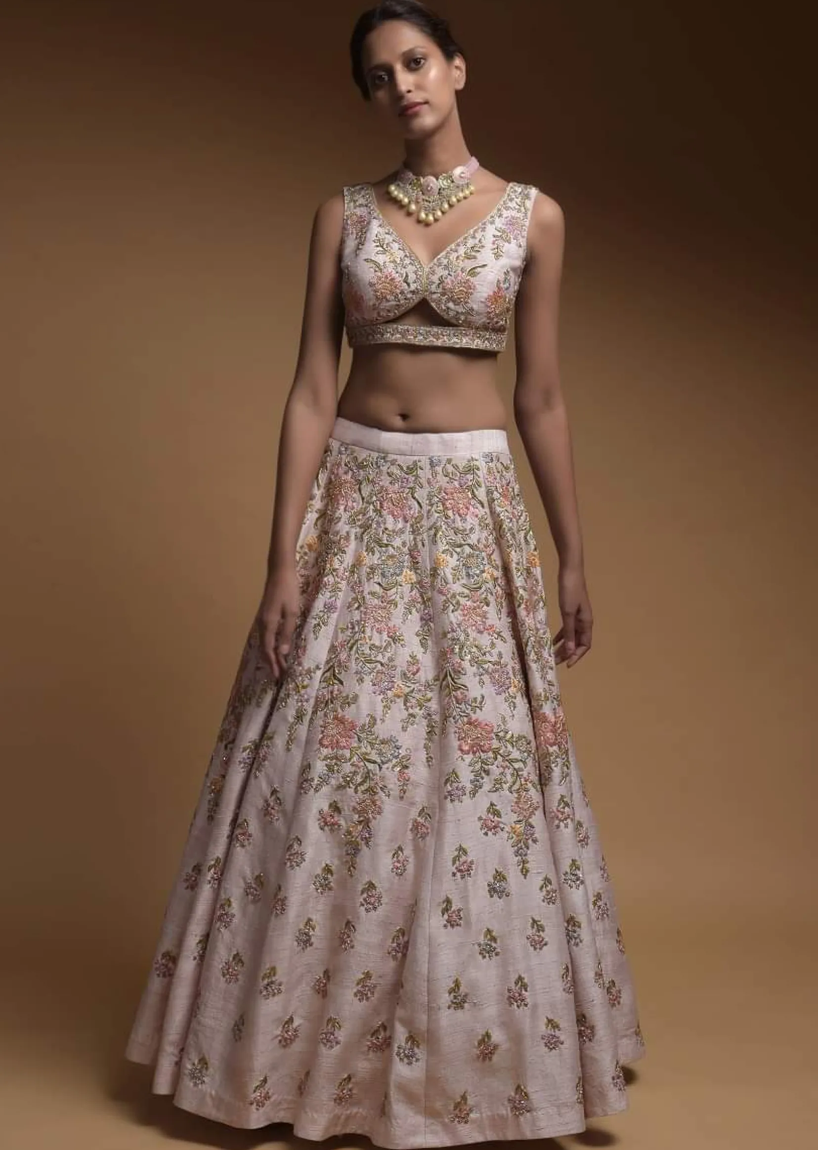 Baby Pink Lehenga Choli In Raw Silk With Hand Embroidered Resham Flowers