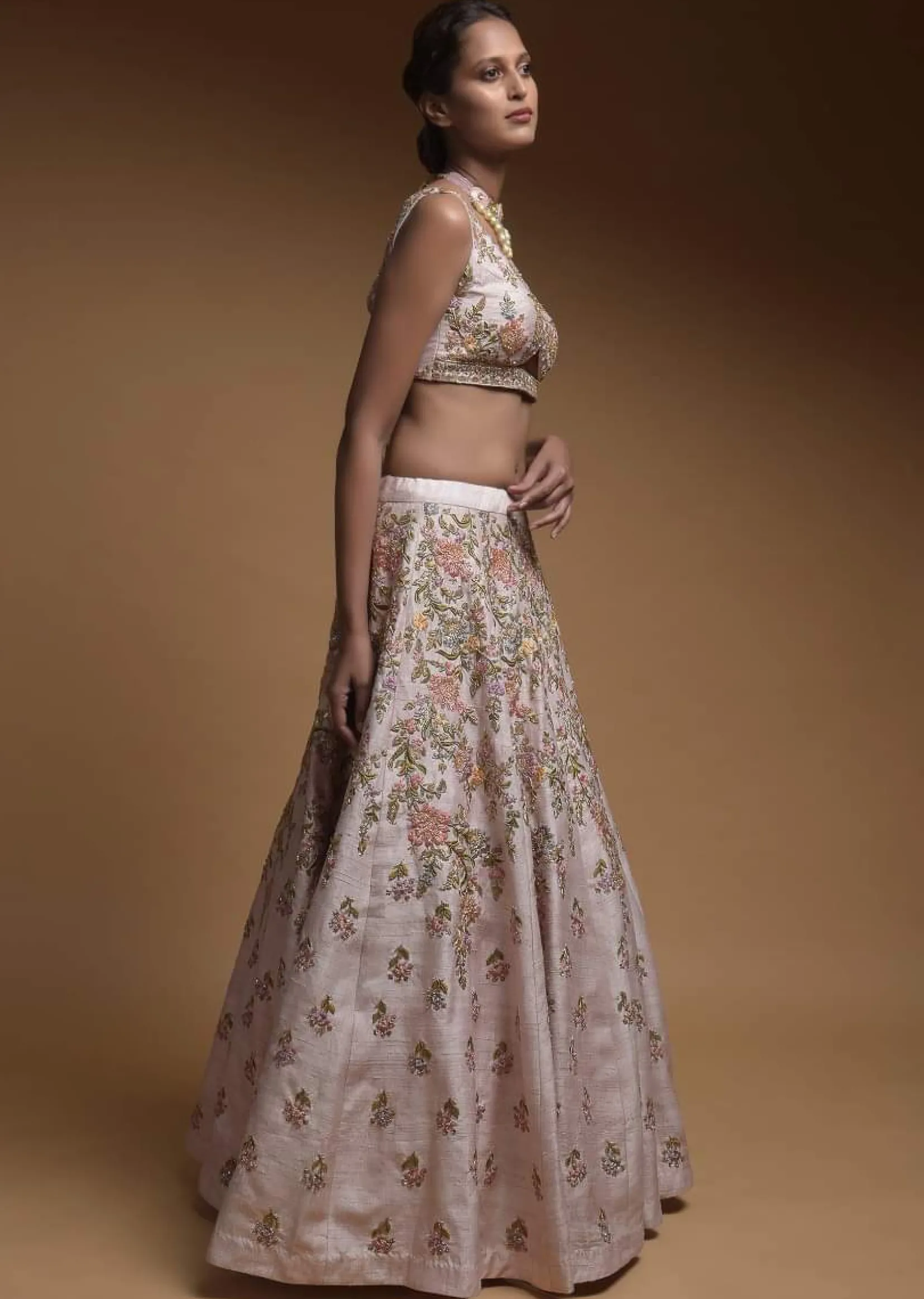 Baby Pink Lehenga Choli In Raw Silk With Hand Embroidered Resham Flowers
