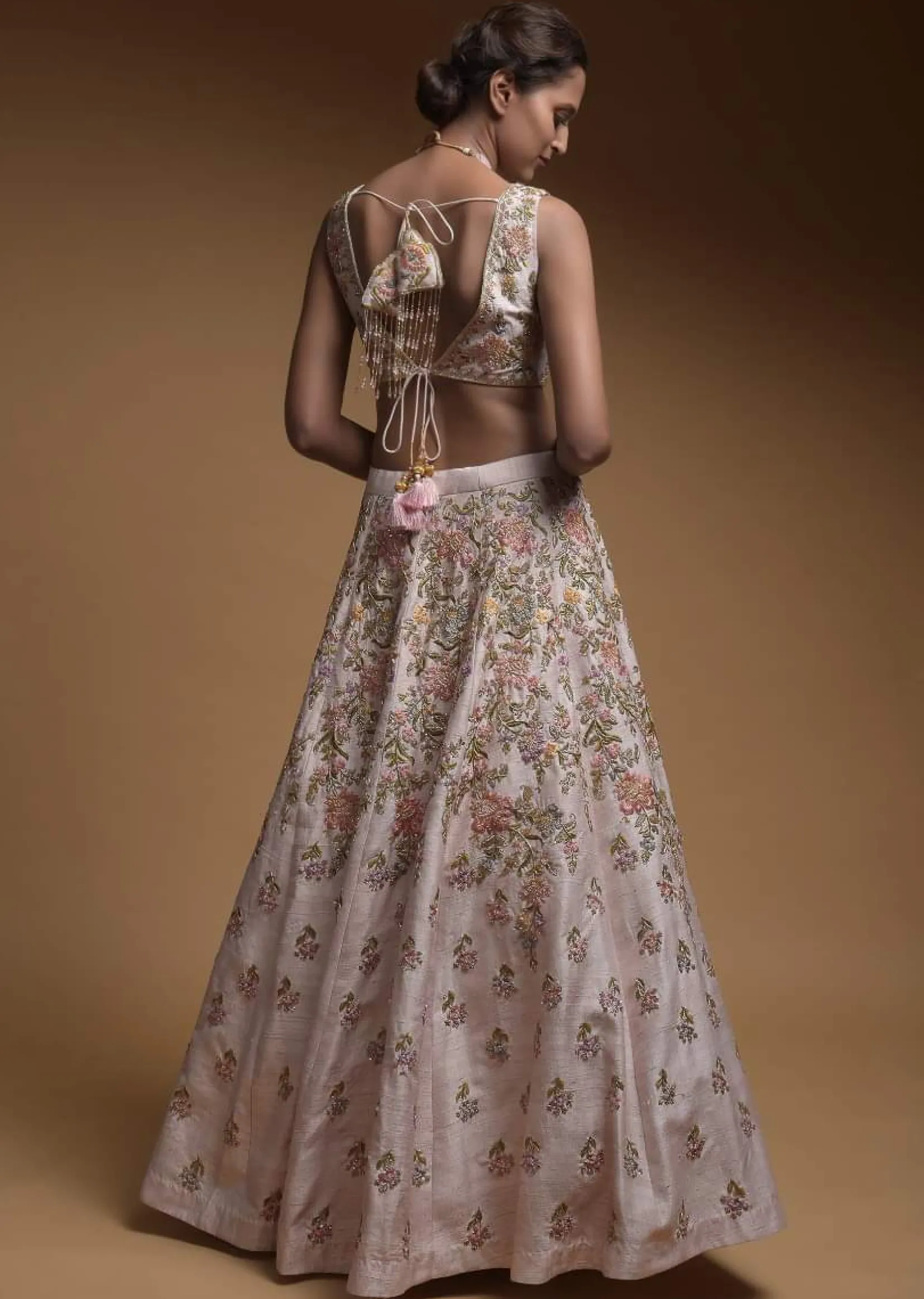 Baby Pink Lehenga Choli In Raw Silk With Hand Embroidered Resham Flowers
