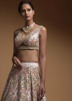 Baby Pink Lehenga Choli In Raw Silk With Hand Embroidered Resham Flowers