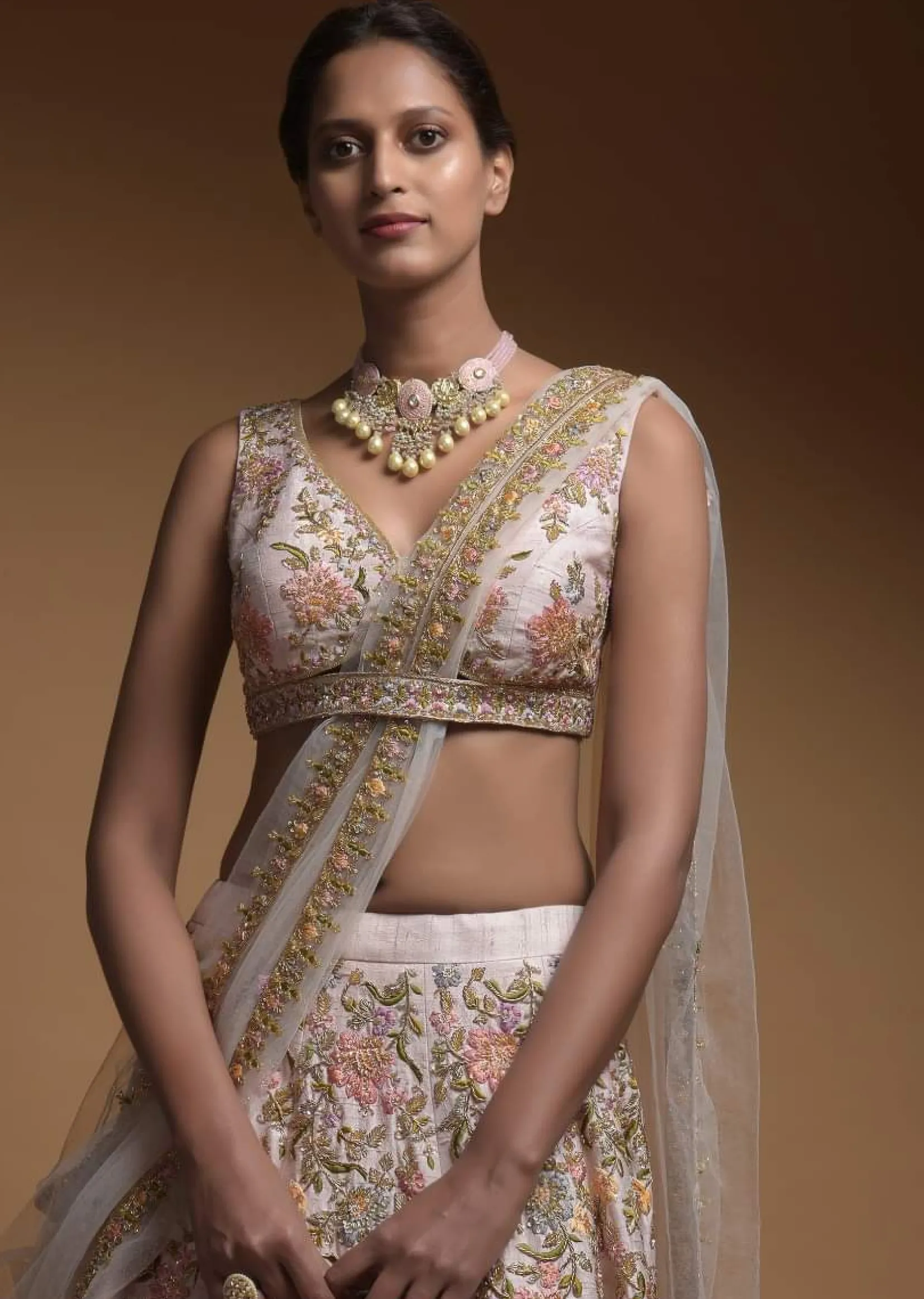 Baby Pink Lehenga Choli In Raw Silk With Hand Embroidered Resham Flowers