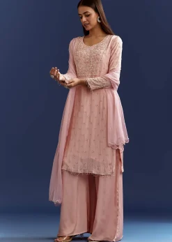 Baby Pink Moti Embroidered Work Kurta Set With Dupatta