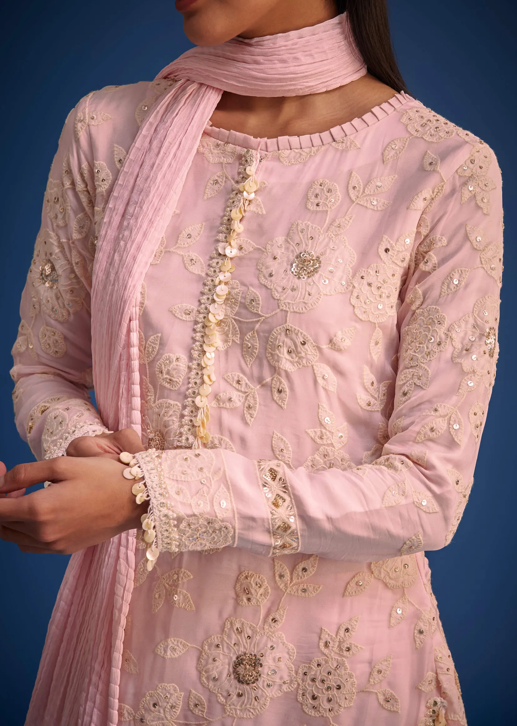 Baby Pink Organza Embroidered Straight Kurta Set
