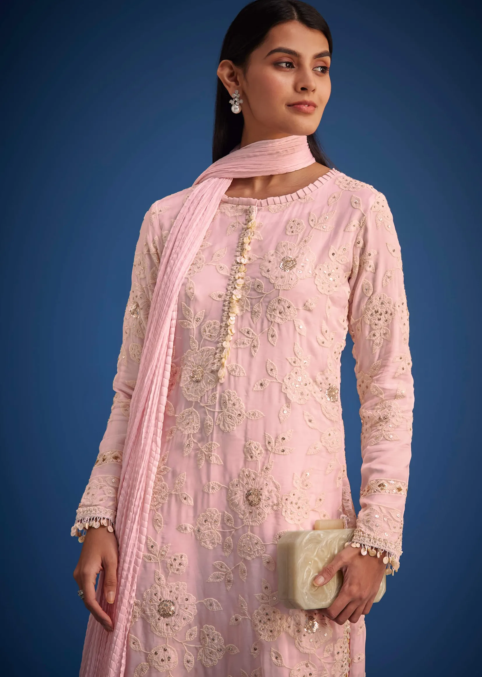 Baby Pink Organza Embroidered Straight Kurta Set