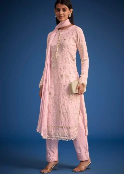 Baby Pink Organza Embroidered Straight Kurta Set